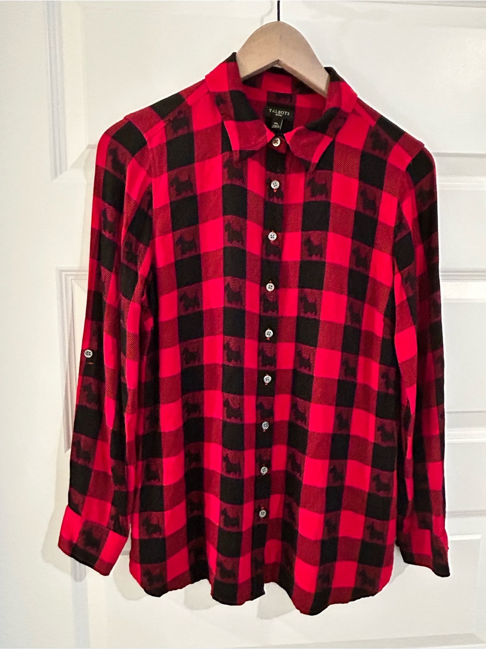 Talbots Scottie Dog Plaid Shirt Red Black Size MP Petite